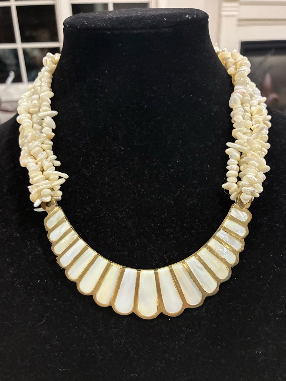 Vintage Mother of Pearl & Brass Bib Choker Necklace